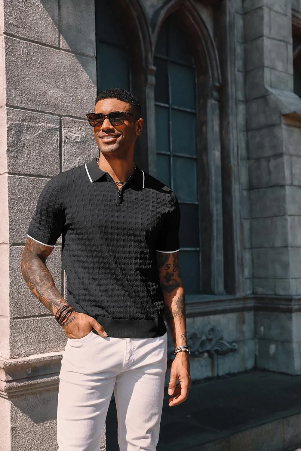 PJ PAUL JONES Men's Knit Polo Shirts Short Sleeve Quarter Zip Polo Shirt