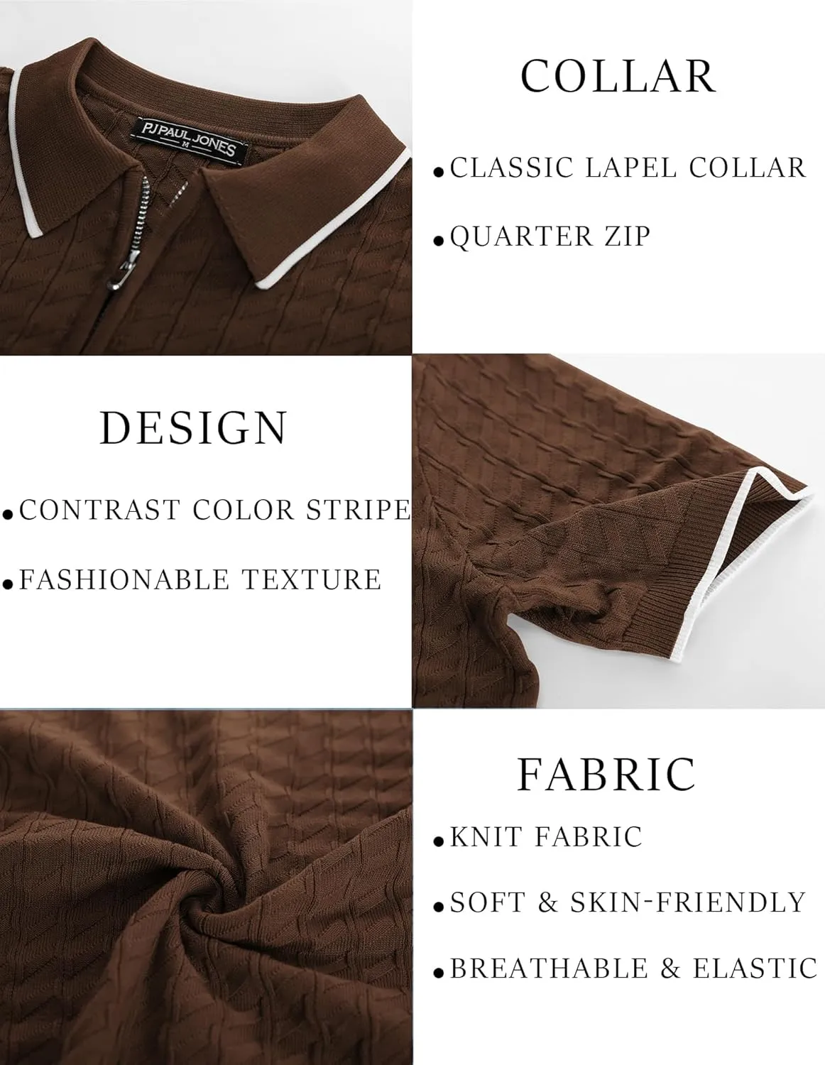 PJ PAUL JONES Men's Knit Polo Shirts Short Sleeve Quarter Zip Polo Shirt