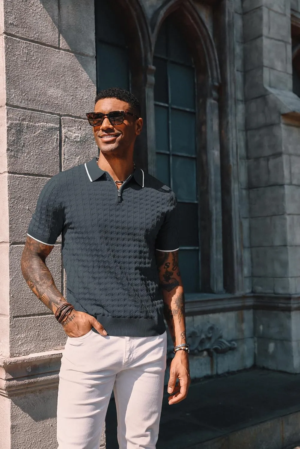 PJ PAUL JONES Men's Knit Polo Shirts Short Sleeve Quarter Zip Polo Shirt