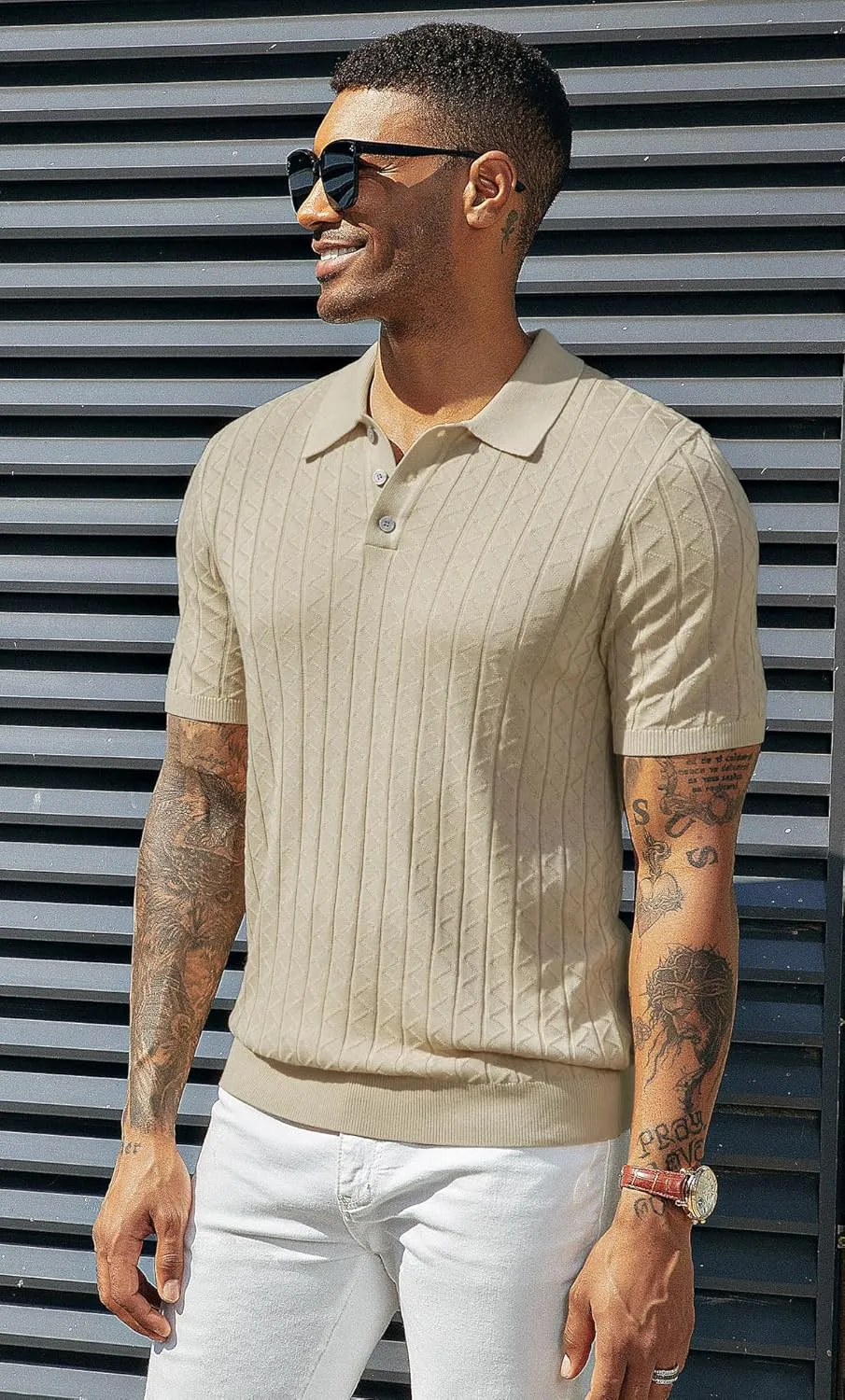 PJ PAUL JONES Mens Knitted Polo Shirts Short Sleeve Textured Pullover Golf Polo T Shirts
