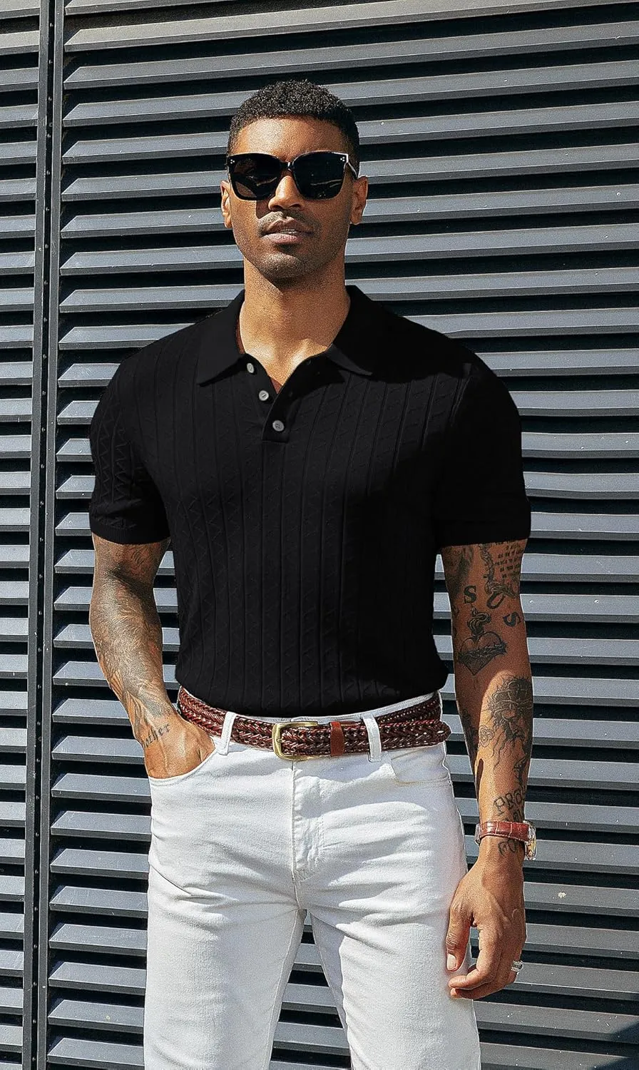 PJ PAUL JONES Mens Knitted Polo Shirts Short Sleeve Textured Pullover Golf Polo T Shirts