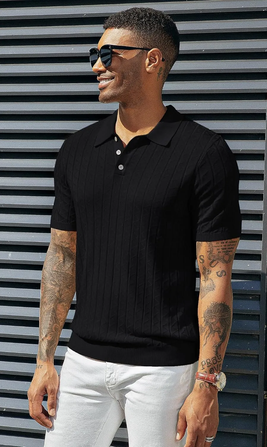 PJ PAUL JONES Mens Knitted Polo Shirts Short Sleeve Textured Pullover Golf Polo T Shirts
