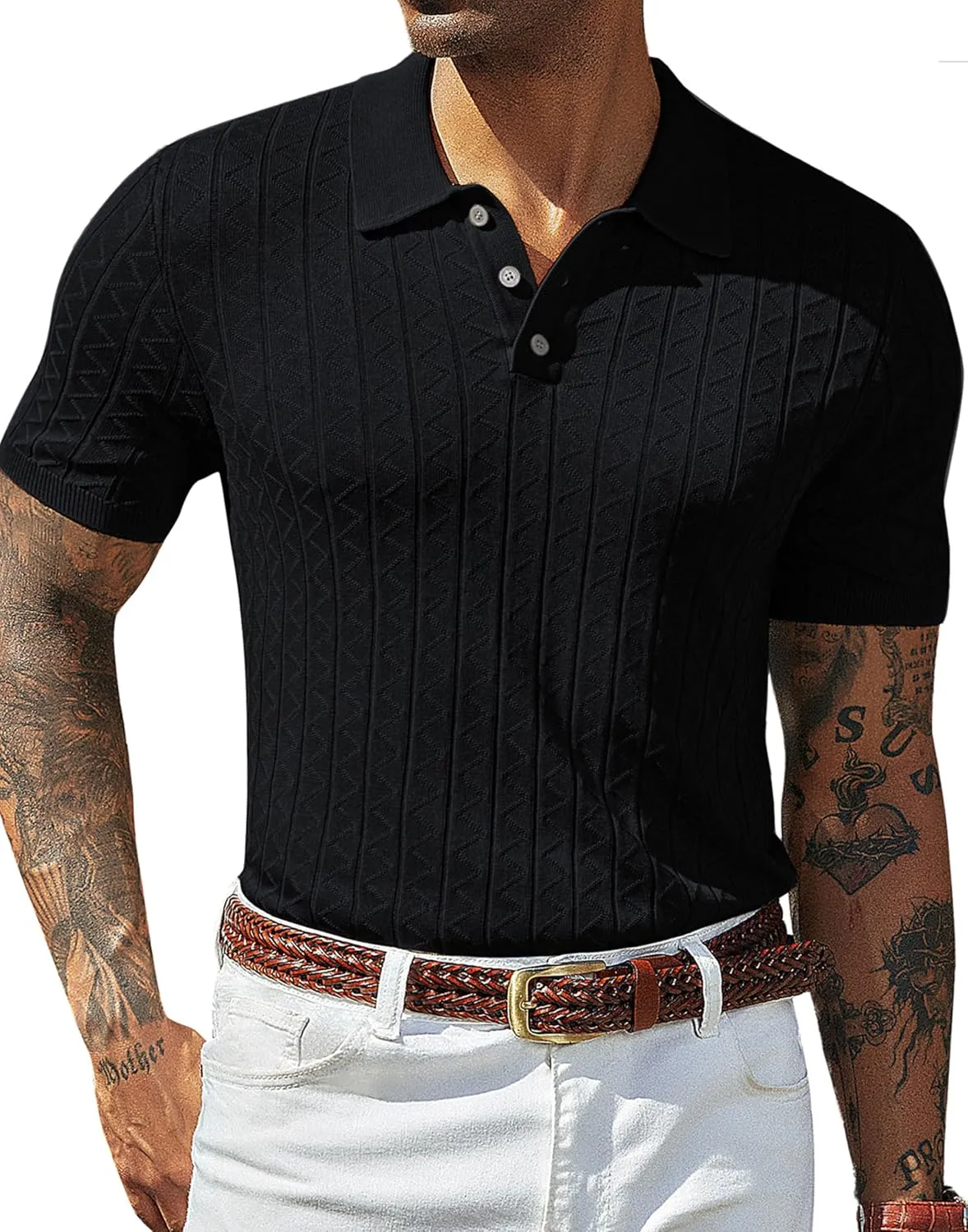 PJ PAUL JONES Mens Knitted Polo Shirts Short Sleeve Textured Pullover Golf Polo T Shirts
