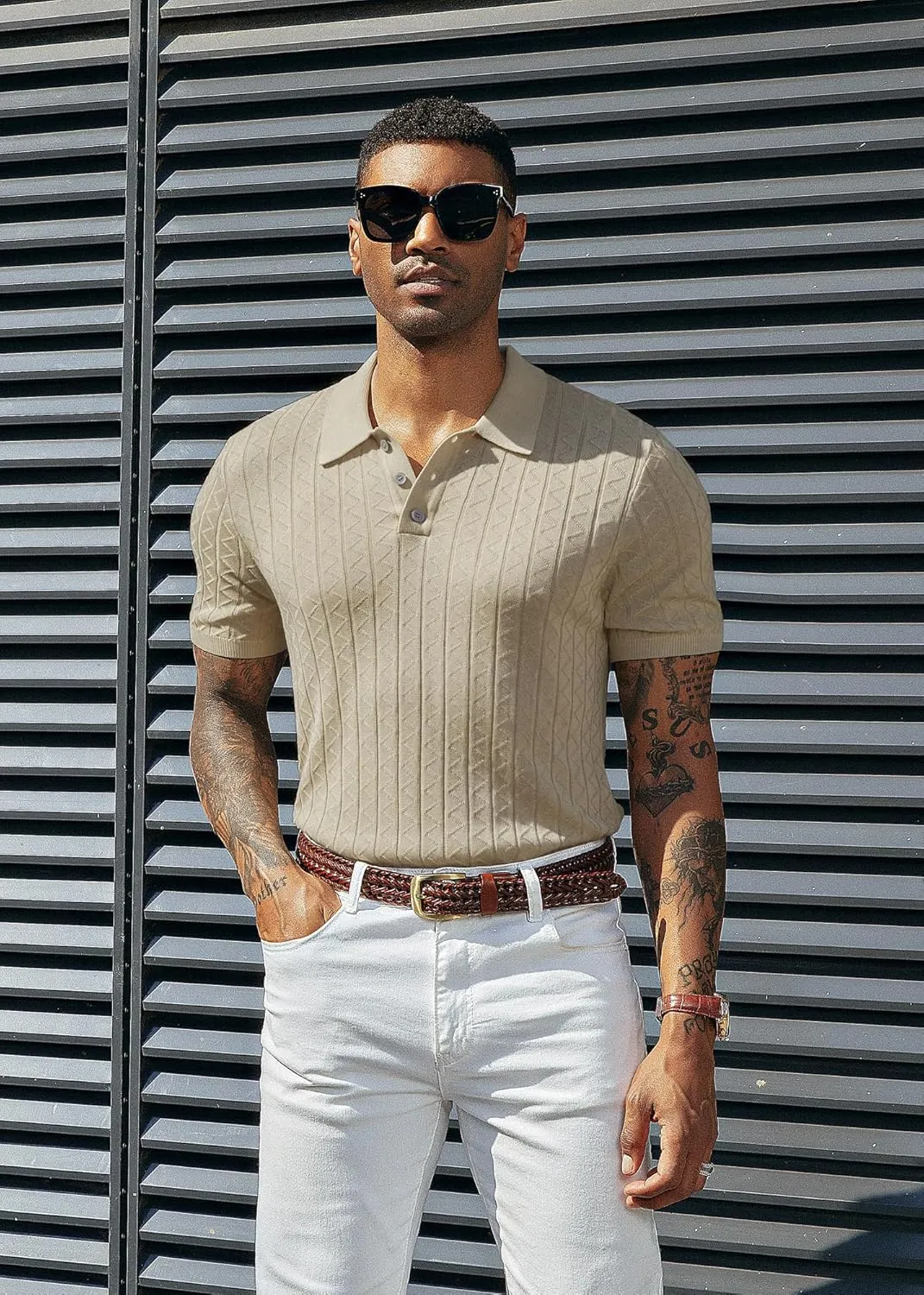 PJ PAUL JONES Mens Knitted Polo Shirts Short Sleeve Textured Pullover Golf Polo T Shirts