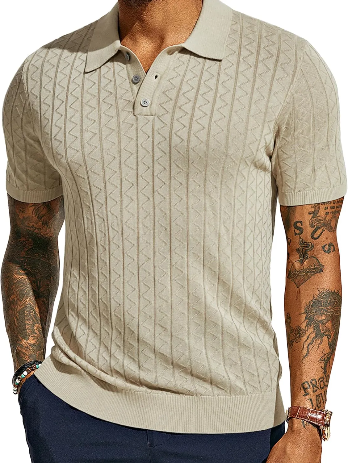 PJ PAUL JONES Mens Knitted Polo Shirts Short Sleeve Textured Pullover Golf Polo T Shirts