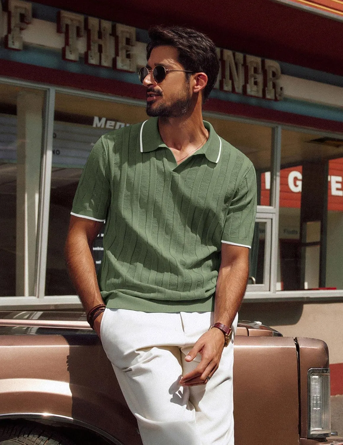 PJ PAUL JONES Mens Polo Shirts Textured Knit V-Neck Summer Shirts