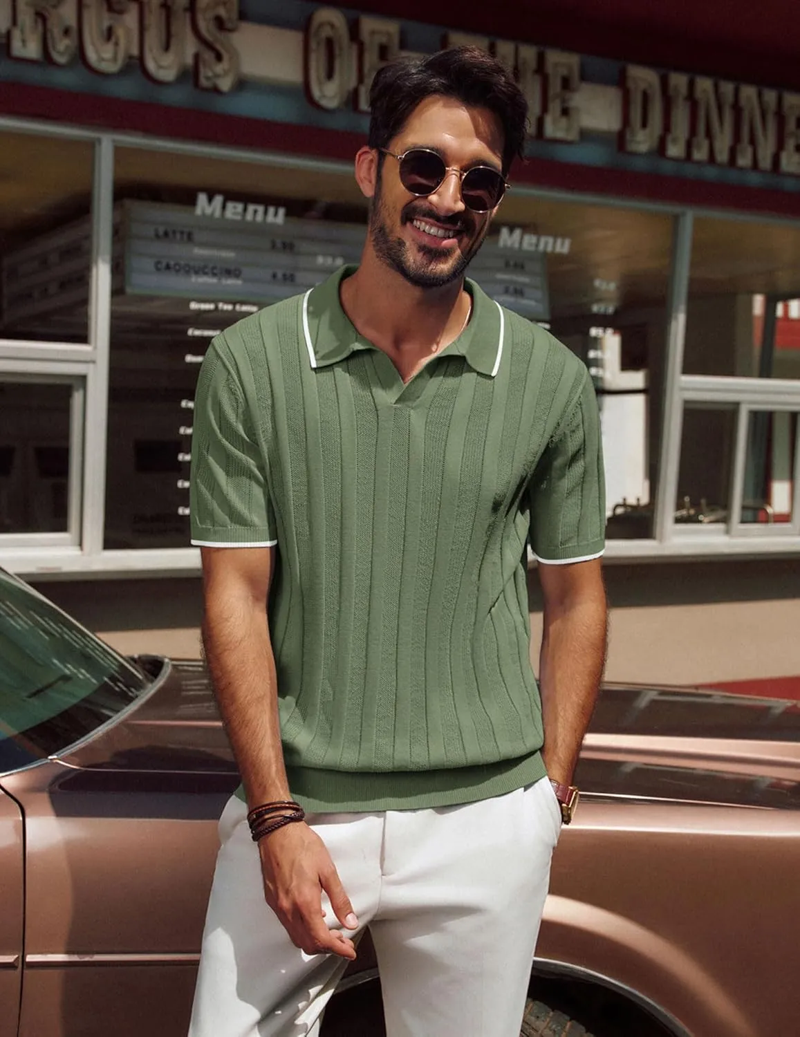PJ PAUL JONES Mens Polo Shirts Textured Knit V-Neck Summer Shirts