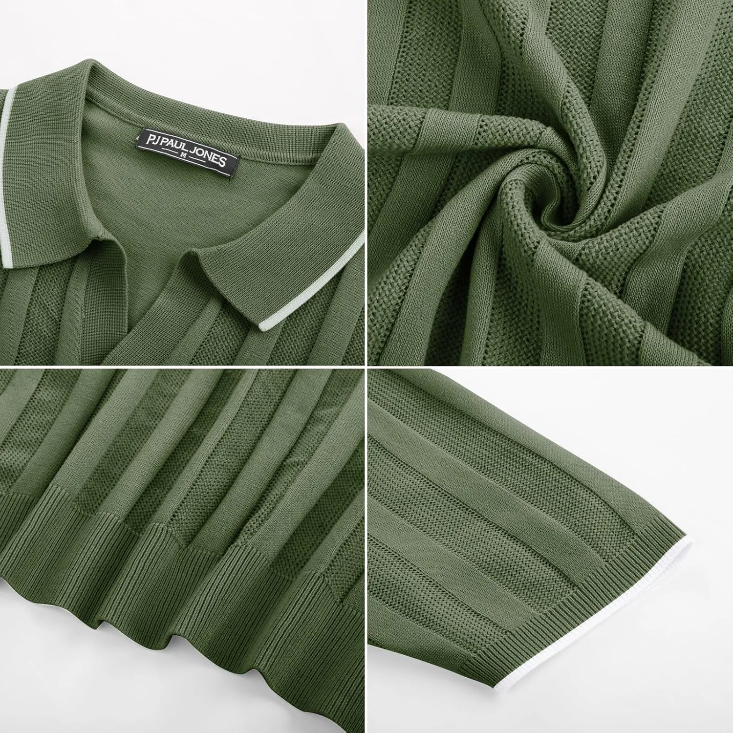 PJ PAUL JONES Mens Polo Shirts Textured Knit V-Neck Summer Shirts