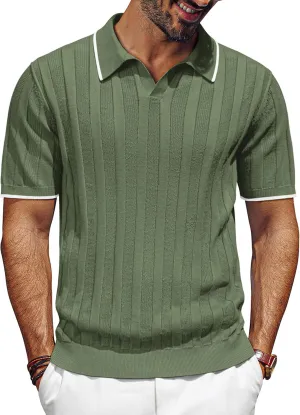 PJ PAUL JONES Mens Polo Shirts Textured Knit V-Neck Summer Shirts