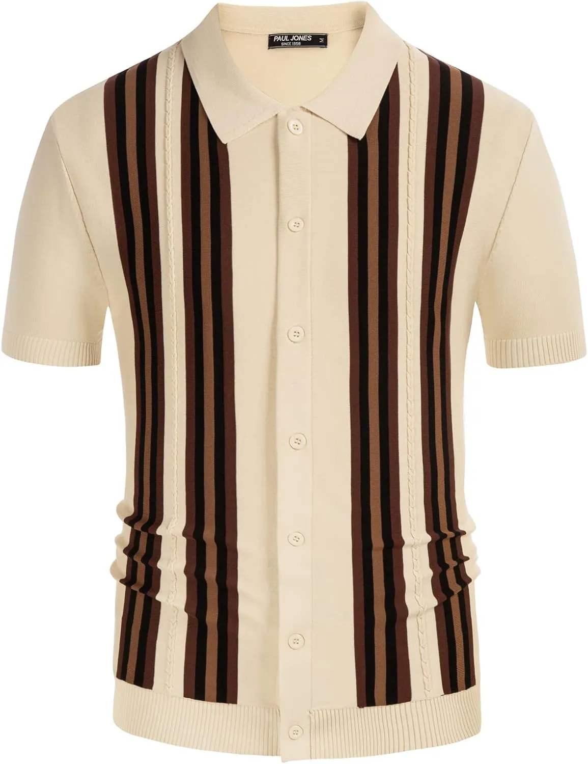 PJ PAUL JONES Mens Polo Shirts Vintage Striped Button Down Knitted Golf Shirts
