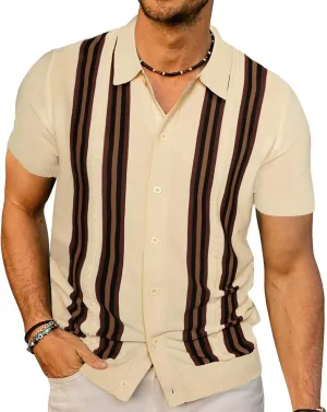 PJ PAUL JONES Mens Polo Shirts Vintage Striped Button Down Knitted Golf Shirts