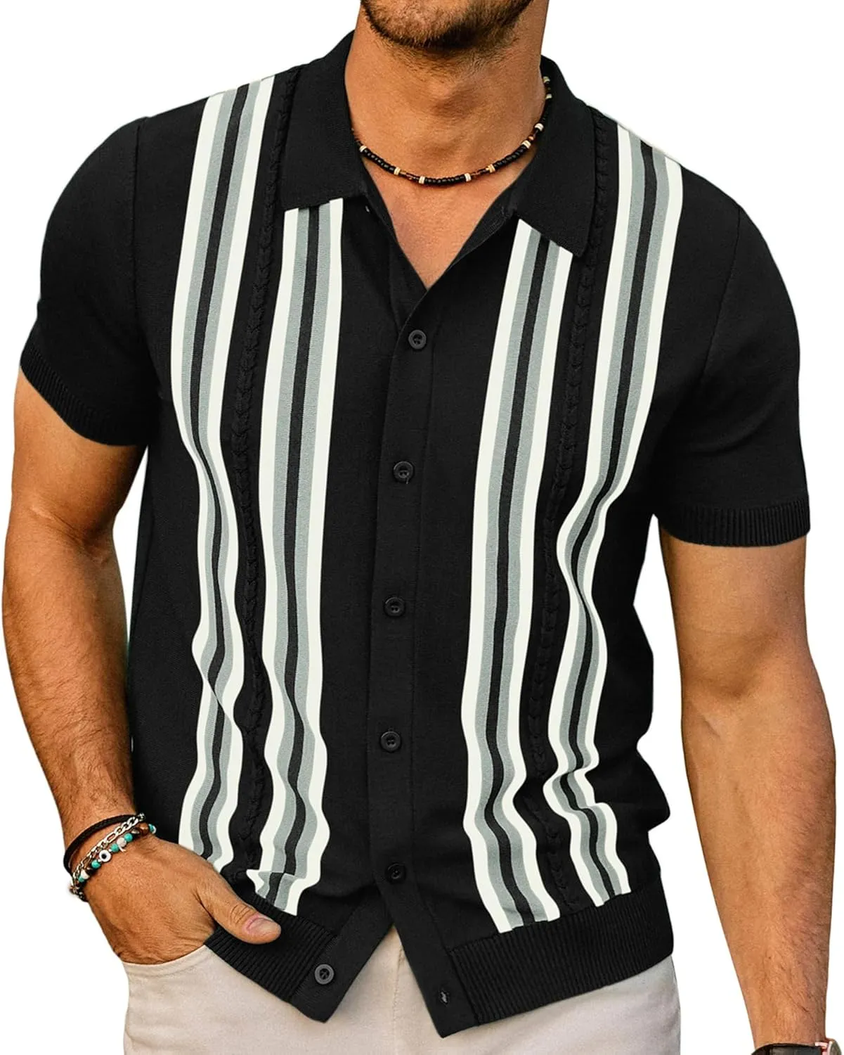 PJ PAUL JONES Mens Polo Shirts Vintage Striped Button Down Knitted Golf Shirts