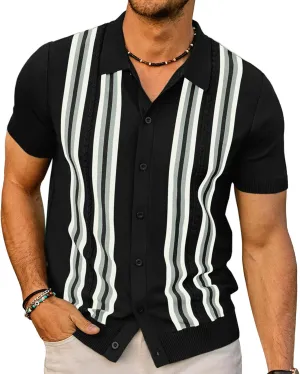 PJ PAUL JONES Mens Polo Shirts Vintage Striped Button Down Knitted Golf Shirts