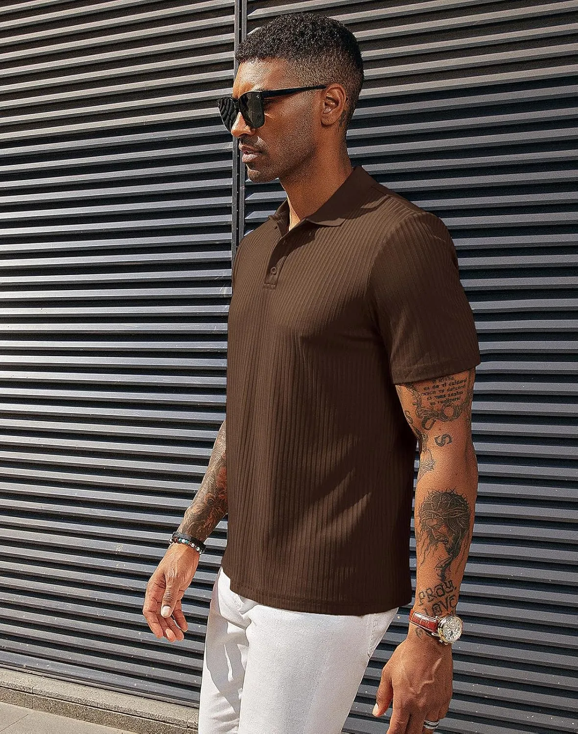 PJ PAUL JONES Mens Texture Polo Shirts Casual Wrinkle Free Elasticity Short Sleeve Knit Golf Shirt Tops