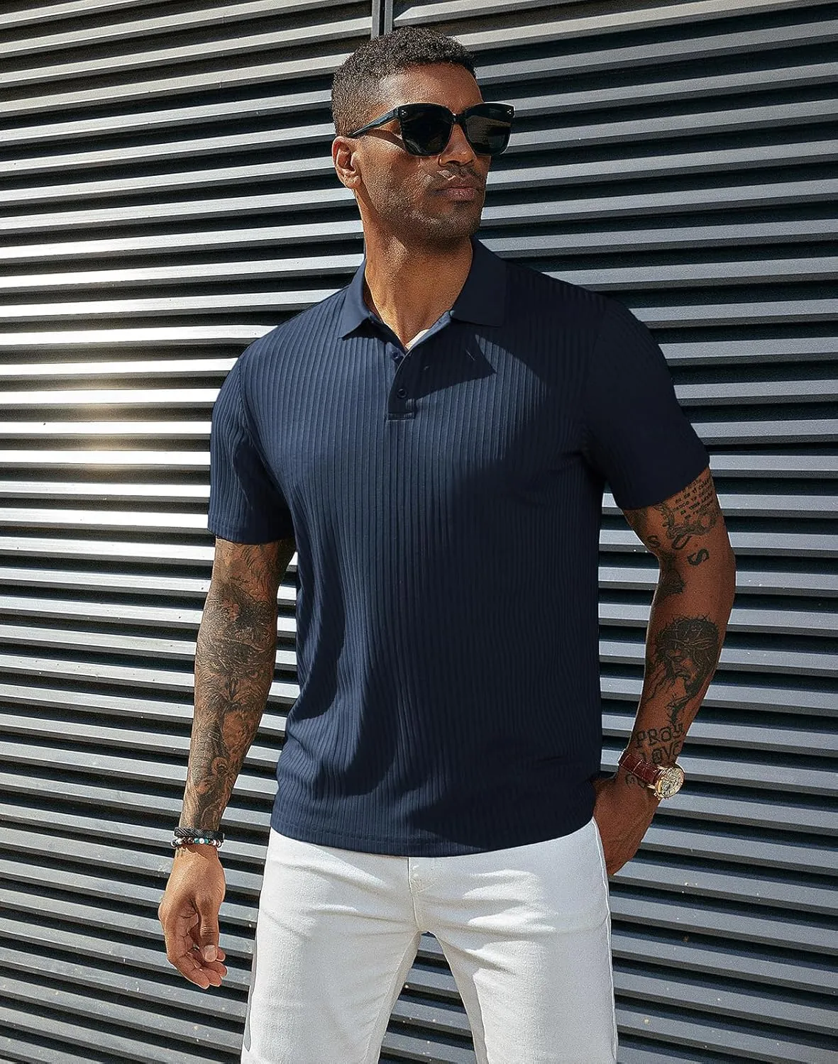 PJ PAUL JONES Mens Texture Polo Shirts Casual Wrinkle Free Elasticity Short Sleeve Knit Golf Shirt Tops