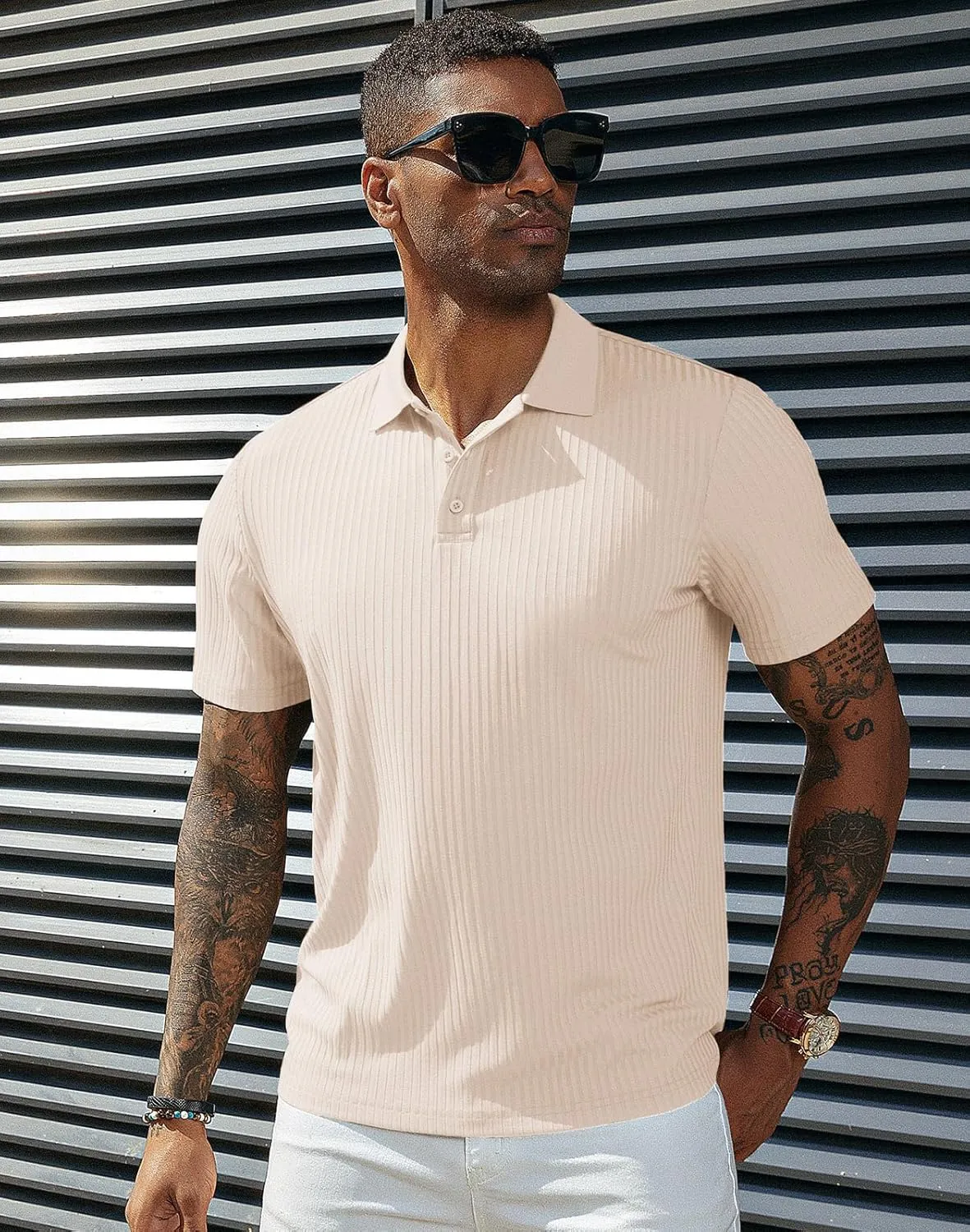 PJ PAUL JONES Mens Texture Polo Shirts Casual Wrinkle Free Elasticity Short Sleeve Knit Golf Shirt Tops
