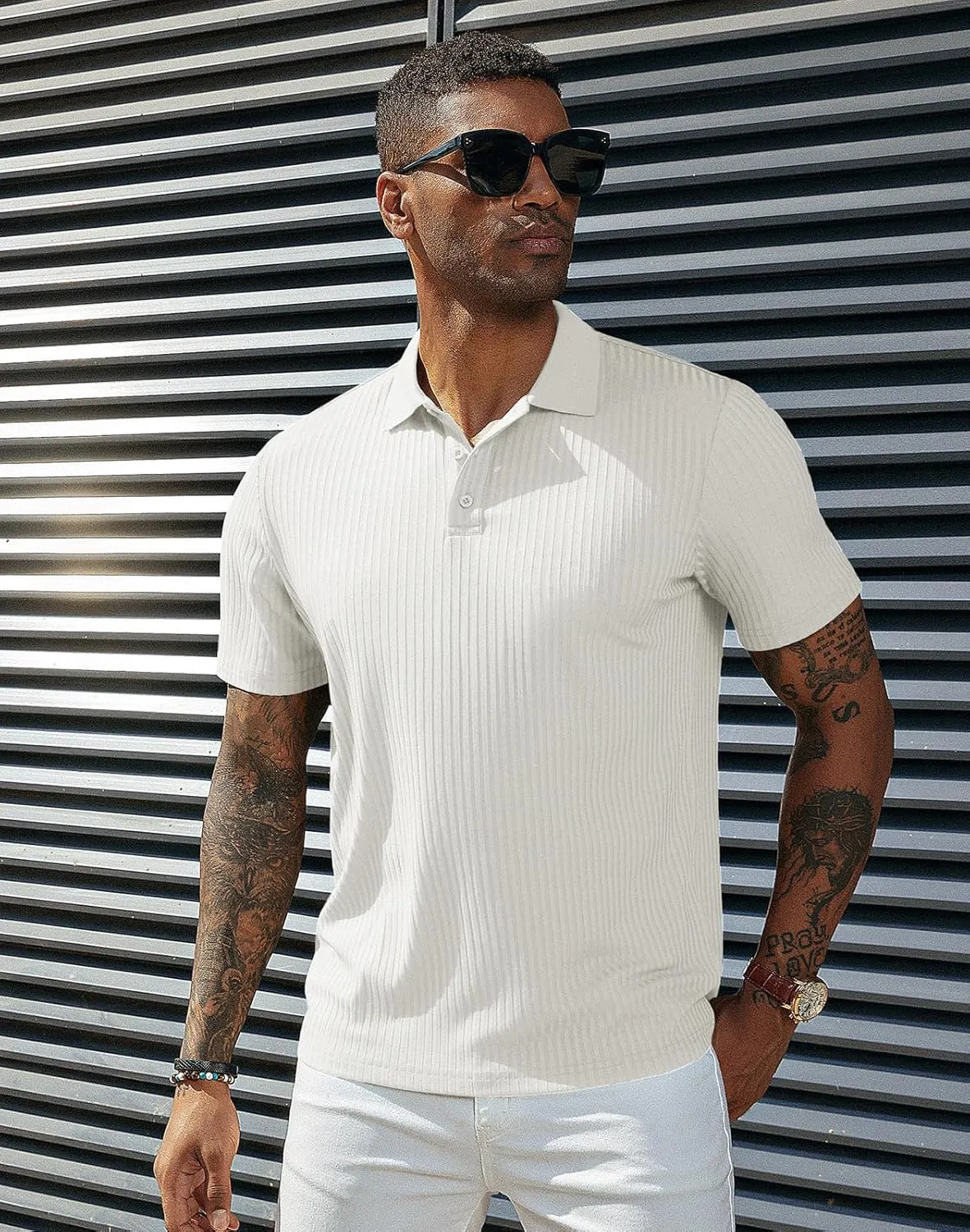 PJ PAUL JONES Mens Texture Polo Shirts Casual Wrinkle Free Elasticity Short Sleeve Knit Golf Shirt Tops