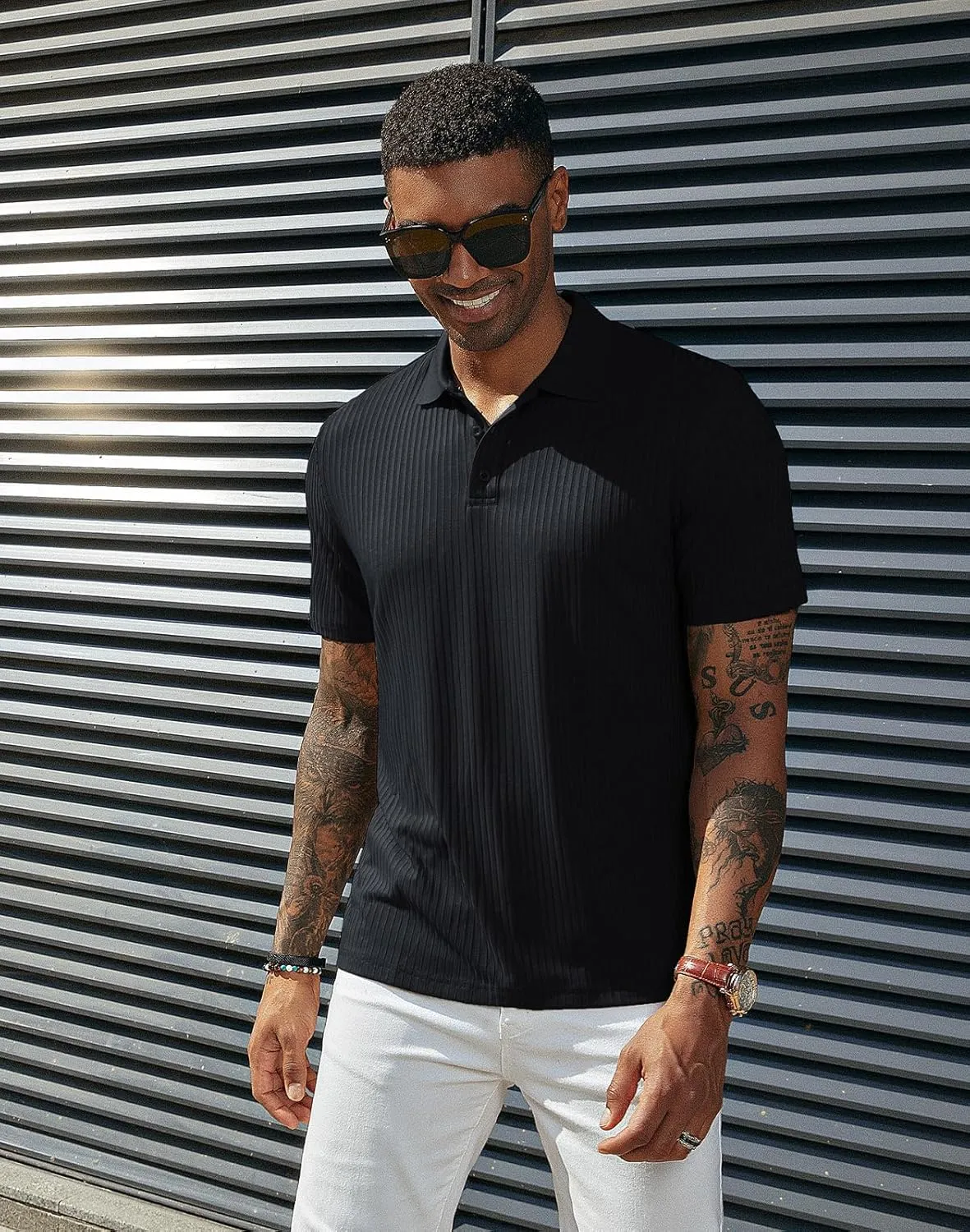 PJ PAUL JONES Mens Texture Polo Shirts Casual Wrinkle Free Elasticity Short Sleeve Knit Golf Shirt Tops