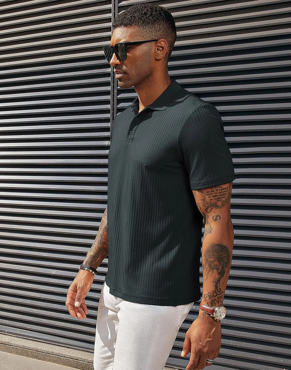 PJ PAUL JONES Mens Texture Polo Shirts Casual Wrinkle Free Elasticity Short Sleeve Knit Golf Shirt Tops