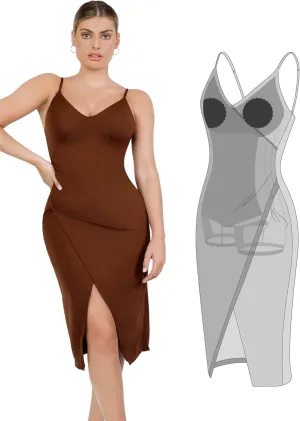 Popilush Little Black Midi Dress Spaghetti Strap Slit Cocktail Dress with Built in Shapewear
