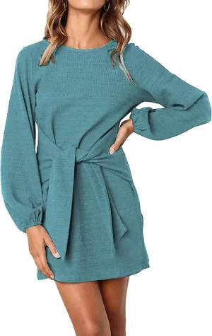 PRETTYGARDEN Women's Elegant Long Lantern Sleeve Short Dress Crewneck Tie Waist Knit Cocktail Dress