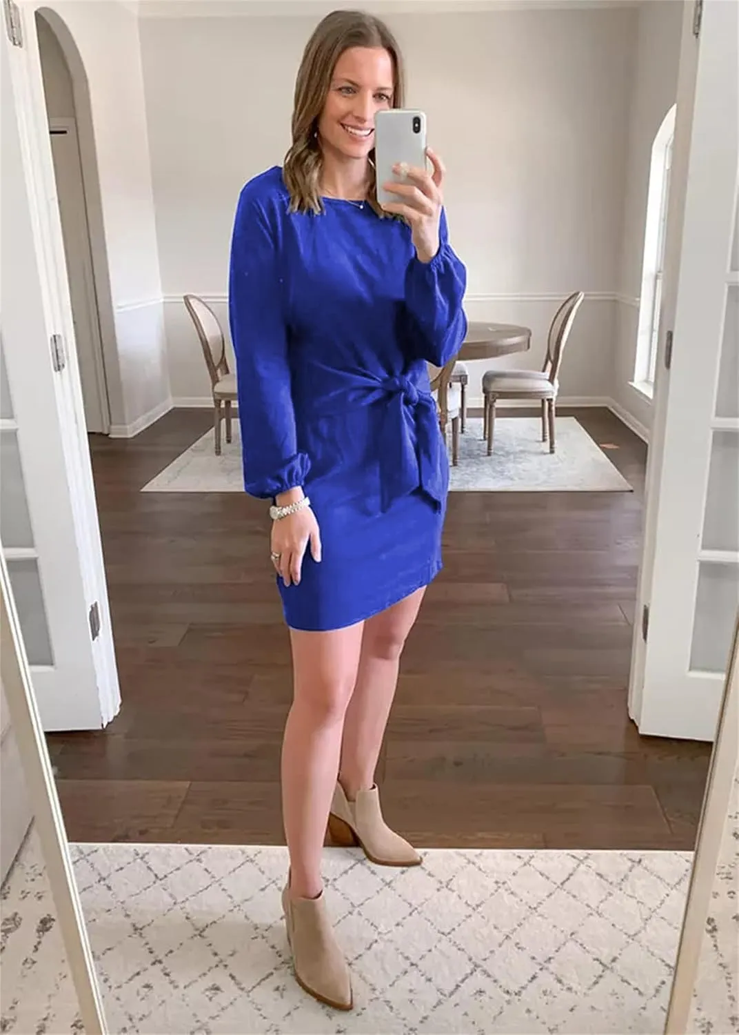PRETTYGARDEN Women's Elegant Long Lantern Sleeve Short Dress Crewneck Tie Waist Knit Cocktail Dress