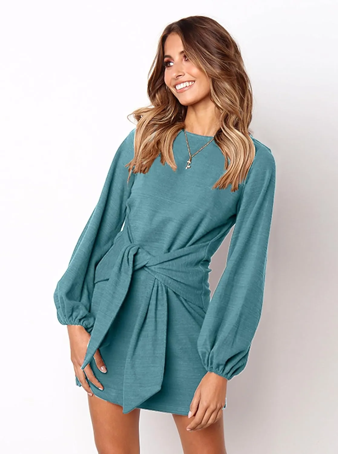 PRETTYGARDEN Women's Elegant Long Lantern Sleeve Short Dress Crewneck Tie Waist Knit Cocktail Dress