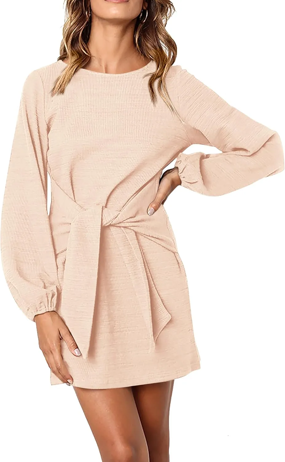 PRETTYGARDEN Women's Elegant Long Lantern Sleeve Short Dress Crewneck Tie Waist Knit Cocktail Dress