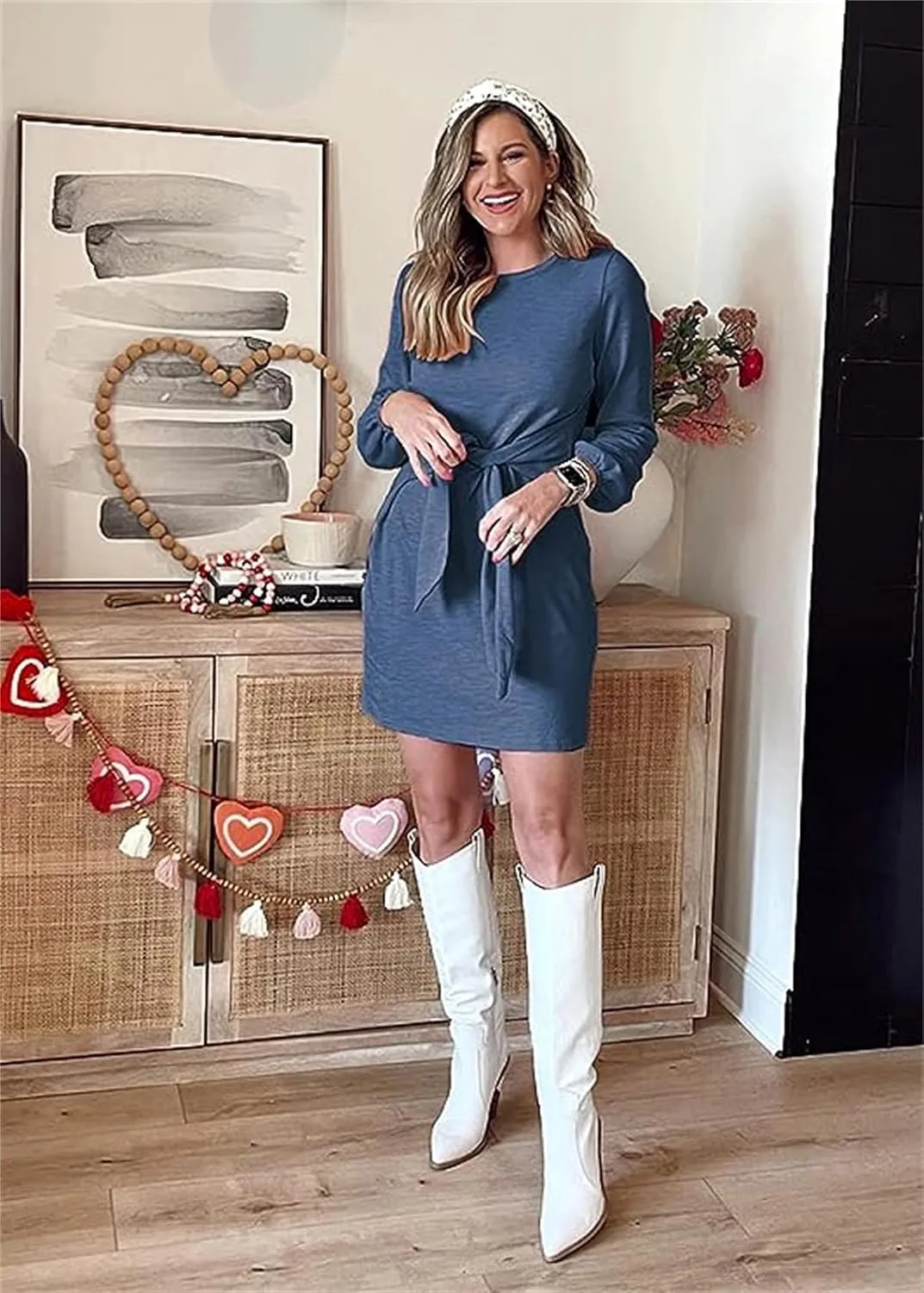 PRETTYGARDEN Women's Elegant Long Lantern Sleeve Short Dress Crewneck Tie Waist Knit Cocktail Dress