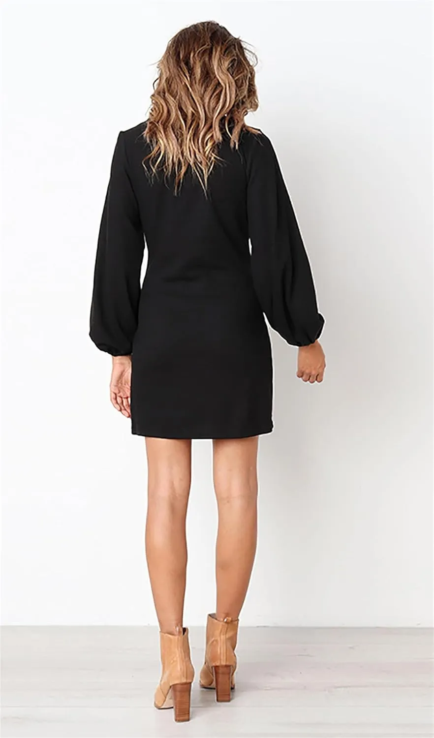 PRETTYGARDEN Women's Elegant Long Lantern Sleeve Short Dress Crewneck Tie Waist Knit Cocktail Dress