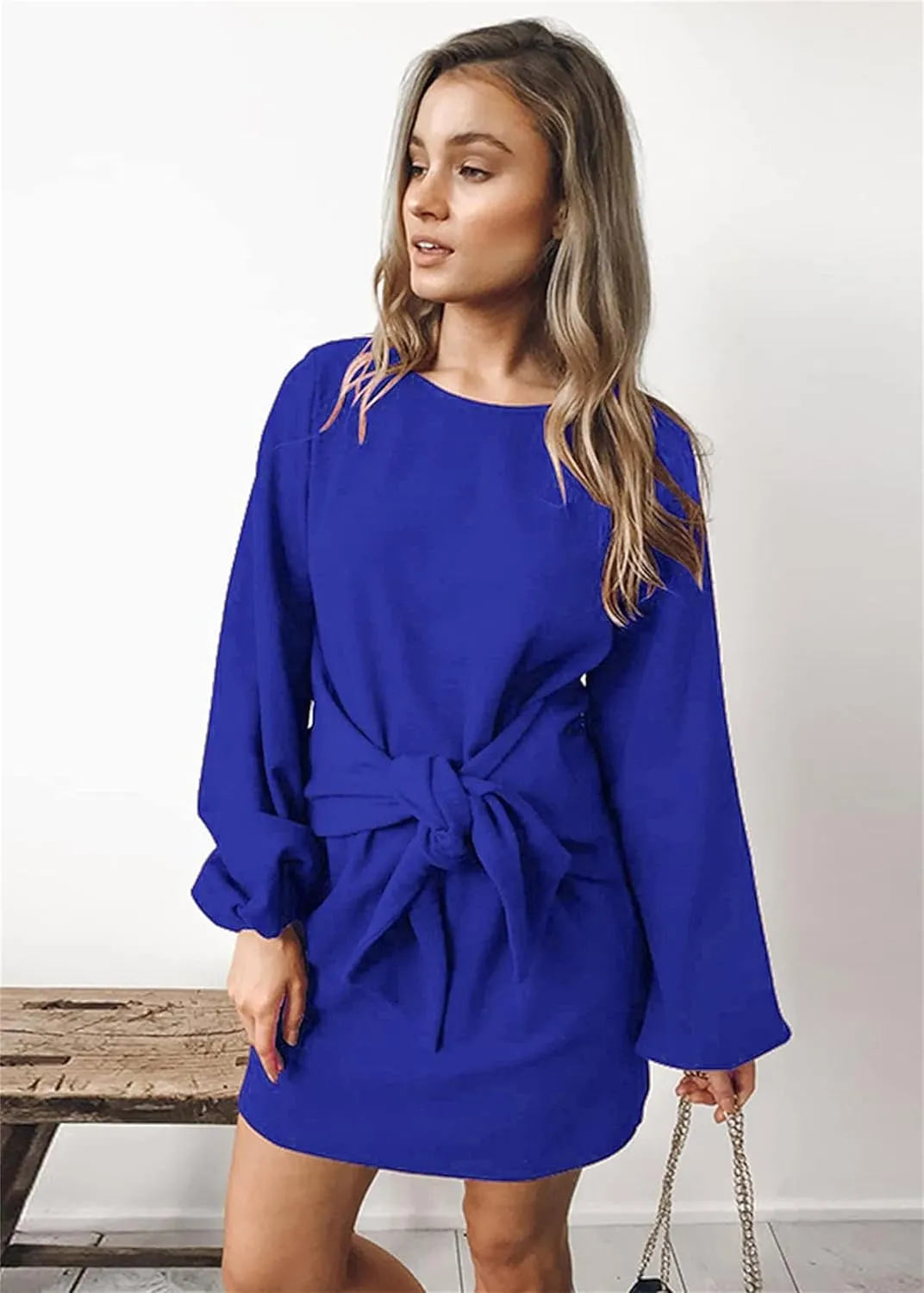PRETTYGARDEN Women's Elegant Long Lantern Sleeve Short Dress Crewneck Tie Waist Knit Cocktail Dress