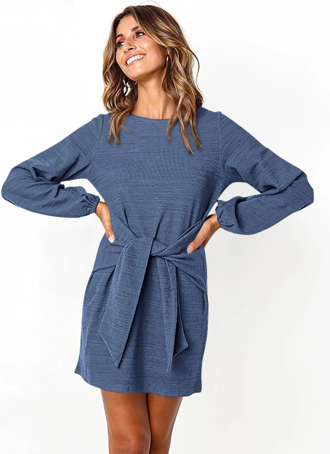 PRETTYGARDEN Women's Elegant Long Lantern Sleeve Short Dress Crewneck Tie Waist Knit Cocktail Dress