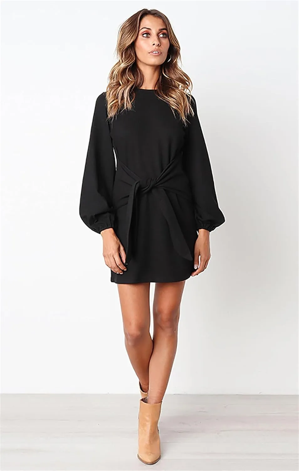 PRETTYGARDEN Women's Elegant Long Lantern Sleeve Short Dress Crewneck Tie Waist Knit Cocktail Dress
