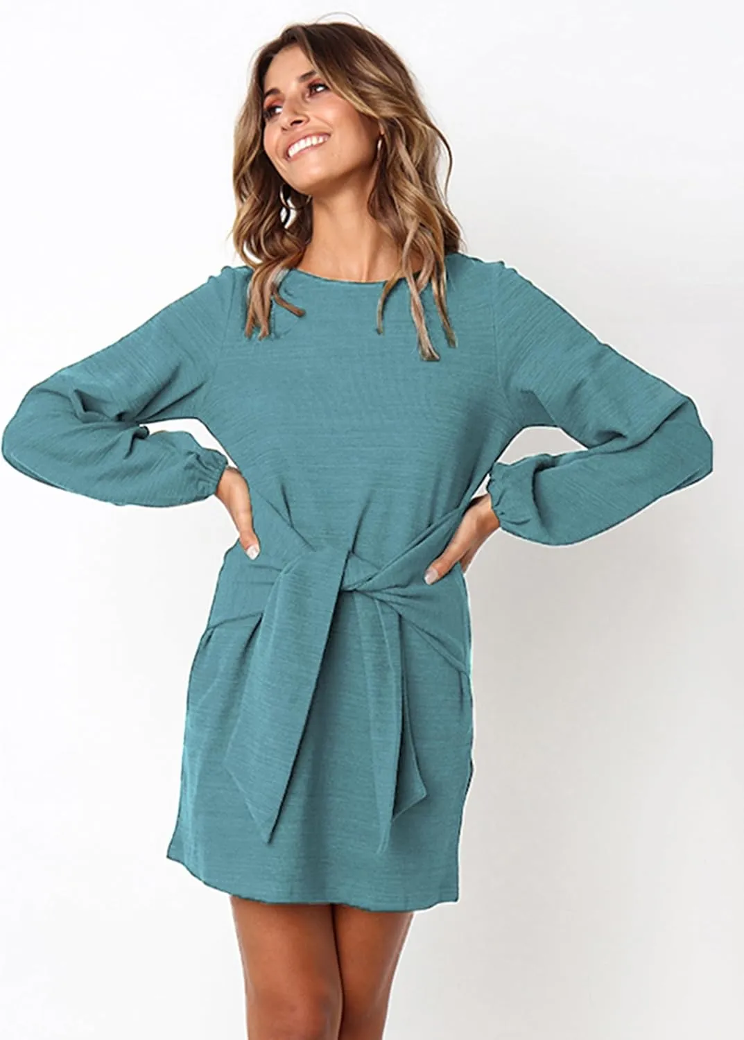 PRETTYGARDEN Women's Elegant Long Lantern Sleeve Short Dress Crewneck Tie Waist Knit Cocktail Dress