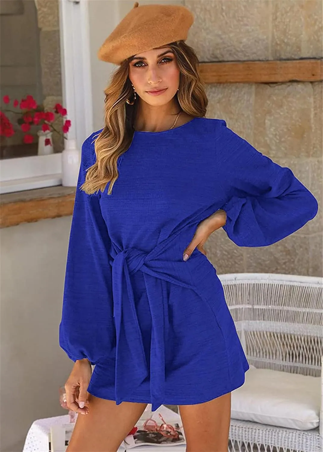 PRETTYGARDEN Women's Elegant Long Lantern Sleeve Short Dress Crewneck Tie Waist Knit Cocktail Dress