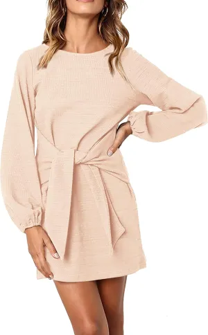 PRETTYGARDEN Women's Elegant Long Lantern Sleeve Short Dress Crewneck Tie Waist Knit Cocktail Dress