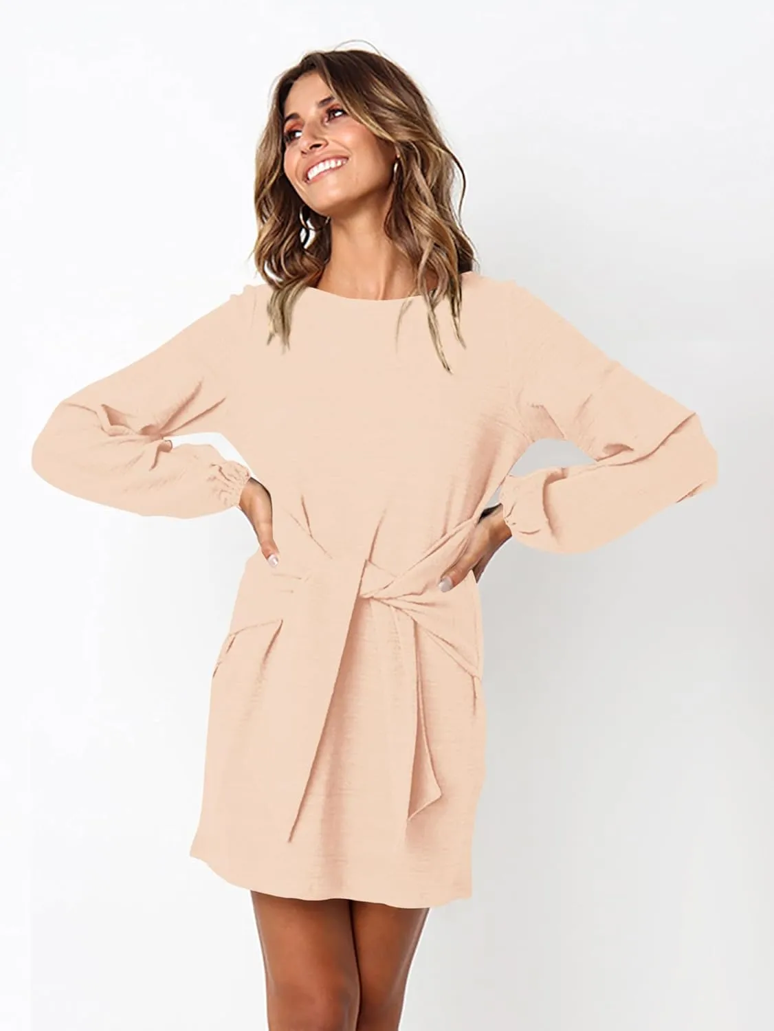 PRETTYGARDEN Women's Elegant Long Lantern Sleeve Short Dress Crewneck Tie Waist Knit Cocktail Dress