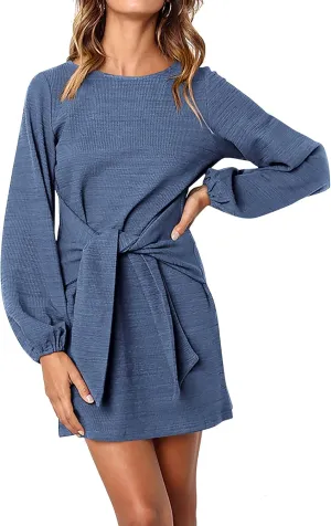 PRETTYGARDEN Women's Elegant Long Lantern Sleeve Short Dress Crewneck Tie Waist Knit Cocktail Dress