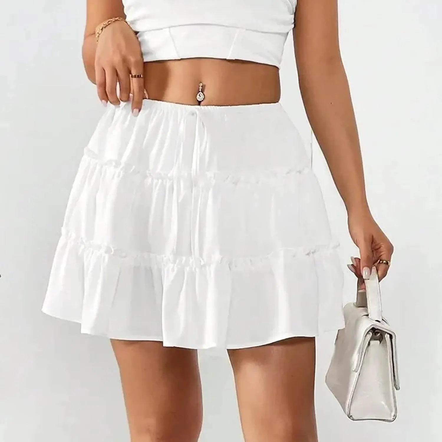 Ruffle High Waist Mini Skirt for Women Stretchy Lightweight Layered Solid Short Skirts Swing Casual Beach Shorts