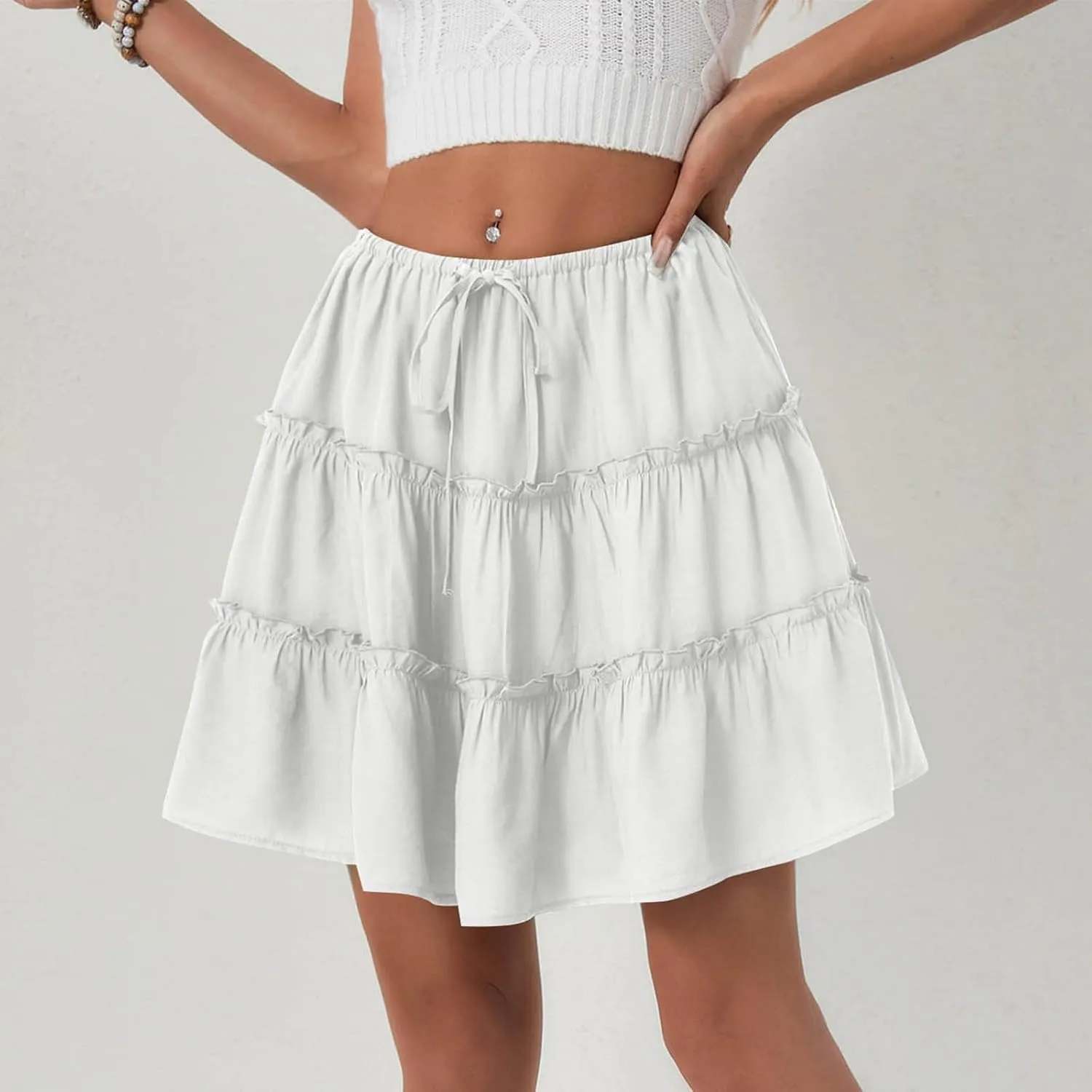 Ruffle High Waist Mini Skirt for Women Stretchy Lightweight Layered Solid Short Skirts Swing Casual Beach Shorts