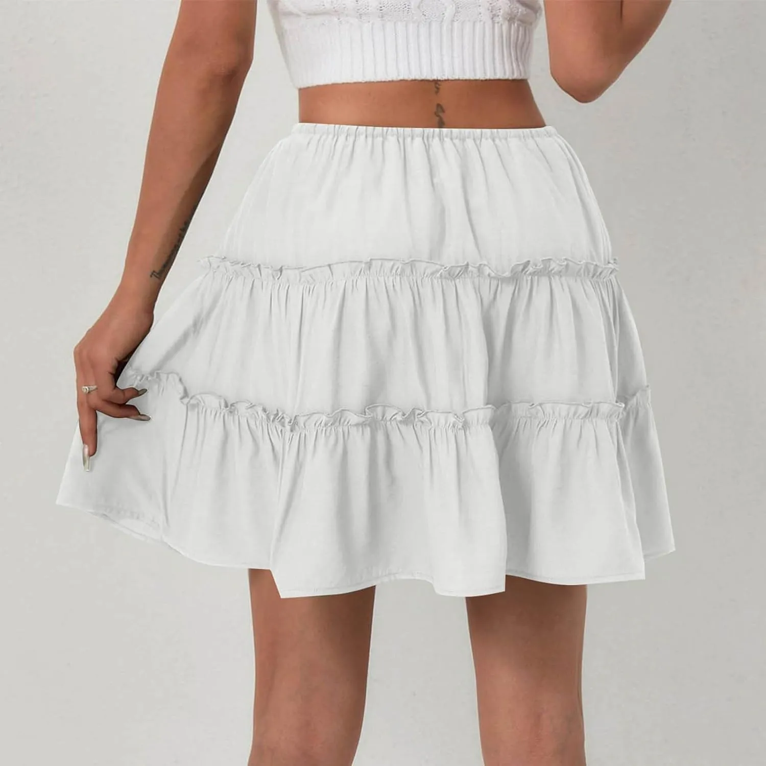 Ruffle High Waist Mini Skirt for Women Stretchy Lightweight Layered Solid Short Skirts Swing Casual Beach Shorts