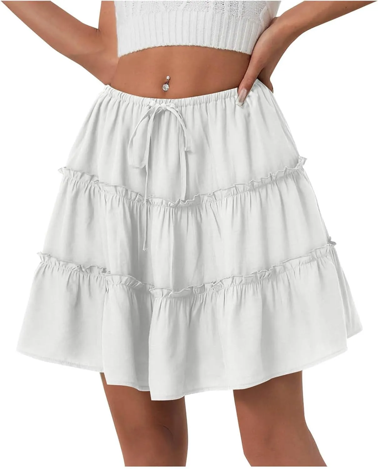 Ruffle High Waist Mini Skirt for Women Stretchy Lightweight Layered Solid Short Skirts Swing Casual Beach Shorts