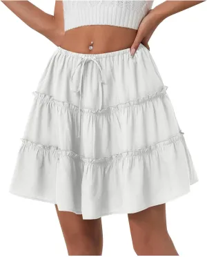 Ruffle High Waist Mini Skirt for Women Stretchy Lightweight Layered Solid Short Skirts Swing Casual Beach Shorts