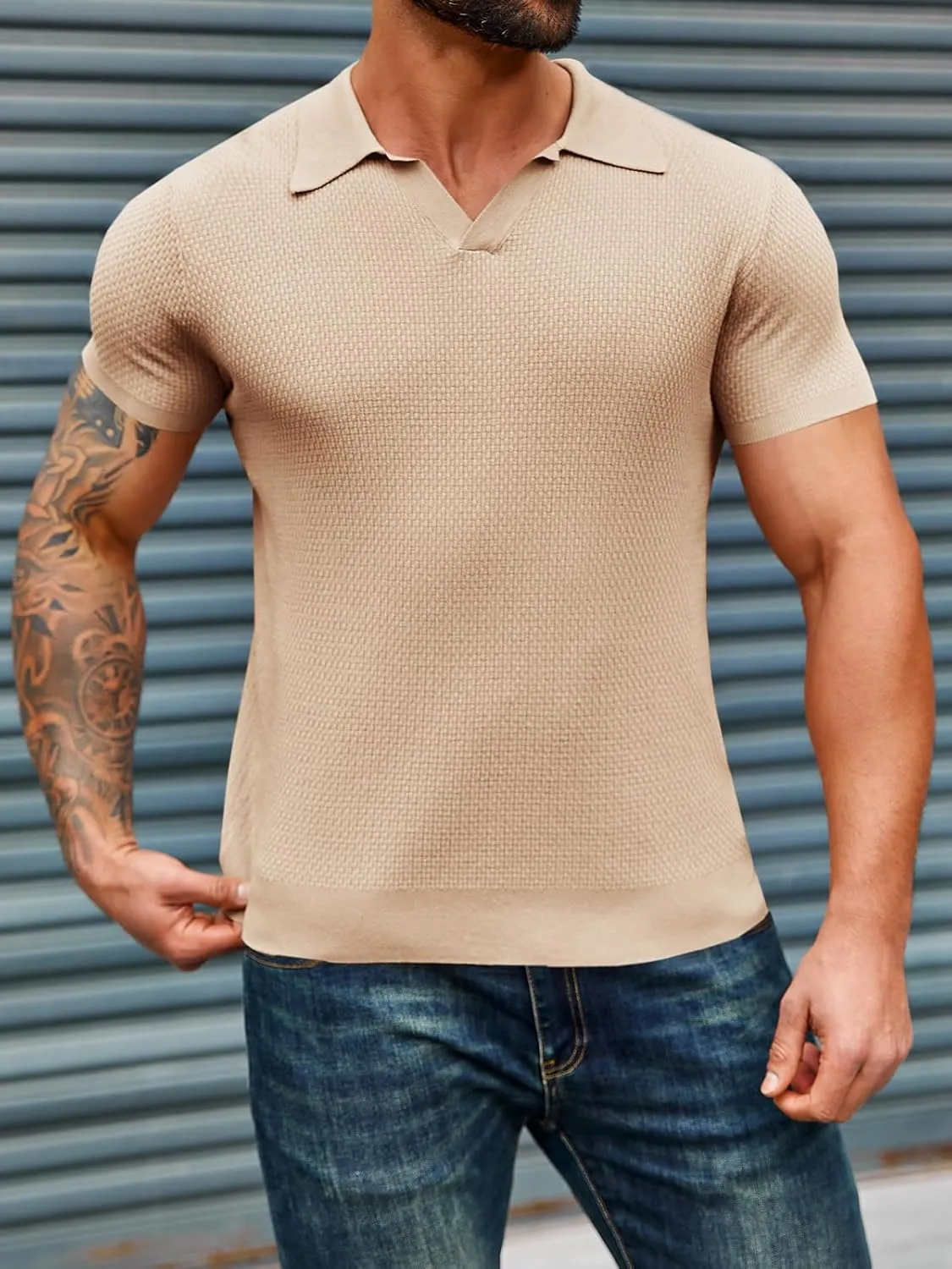 Runcati Mens Knitted Polo Shirt Muscle Short Sleeve V Neck Stretch Casual Slim Fit Vintage Ribbed Golf T-Shirt