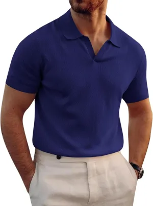 Runcati Mens Knitted Polo Shirt Muscle Short Sleeve V Neck Stretch Casual Slim Fit Vintage Ribbed Golf T-Shirt