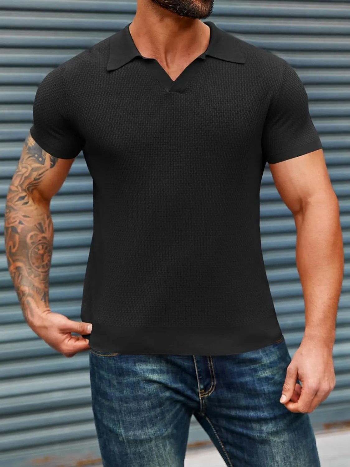 Runcati Mens Knitted Polo Shirt Muscle Short Sleeve V Neck Stretch Casual Slim Fit Vintage Ribbed Golf T-Shirt
