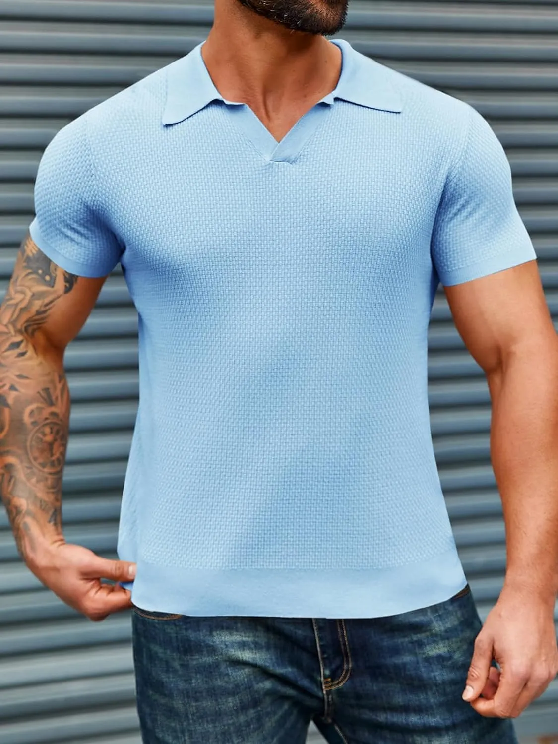 Runcati Mens Knitted Polo Shirt Muscle Short Sleeve V Neck Stretch Casual Slim Fit Vintage Ribbed Golf T-Shirt