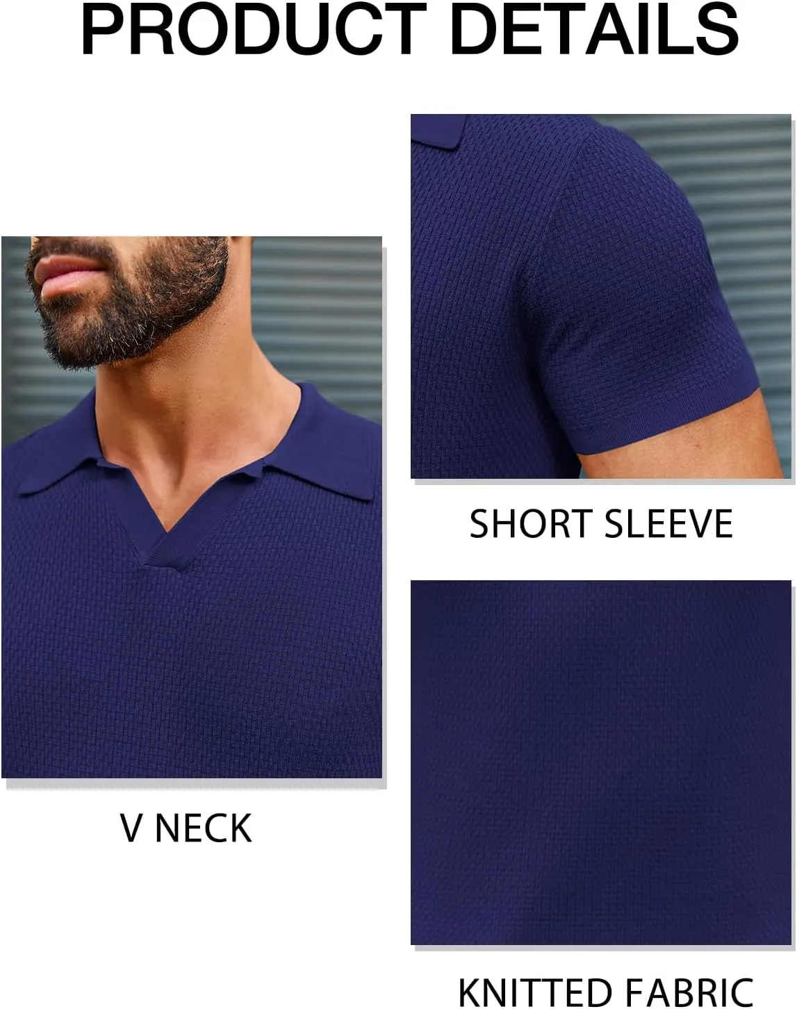 Runcati Mens Knitted Polo Shirt Muscle Short Sleeve V Neck Stretch Casual Slim Fit Vintage Ribbed Golf T-Shirt