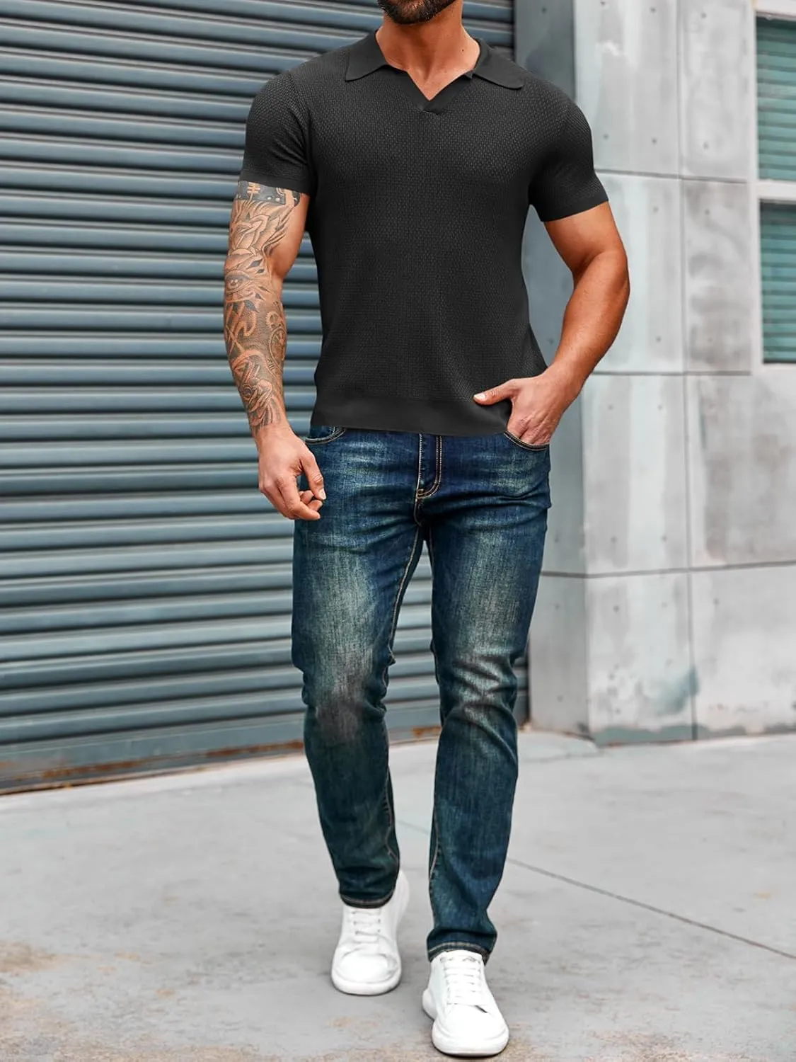 Runcati Mens Knitted Polo Shirt Muscle Short Sleeve V Neck Stretch Casual Slim Fit Vintage Ribbed Golf T-Shirt
