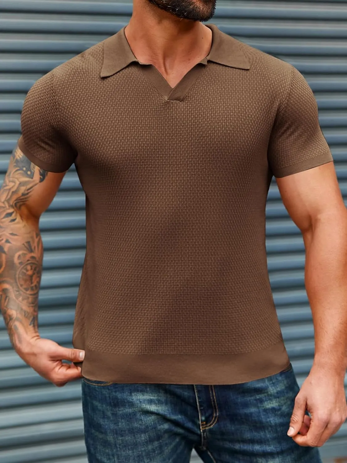 Runcati Mens Knitted Polo Shirt Muscle Short Sleeve V Neck Stretch Casual Slim Fit Vintage Ribbed Golf T-Shirt